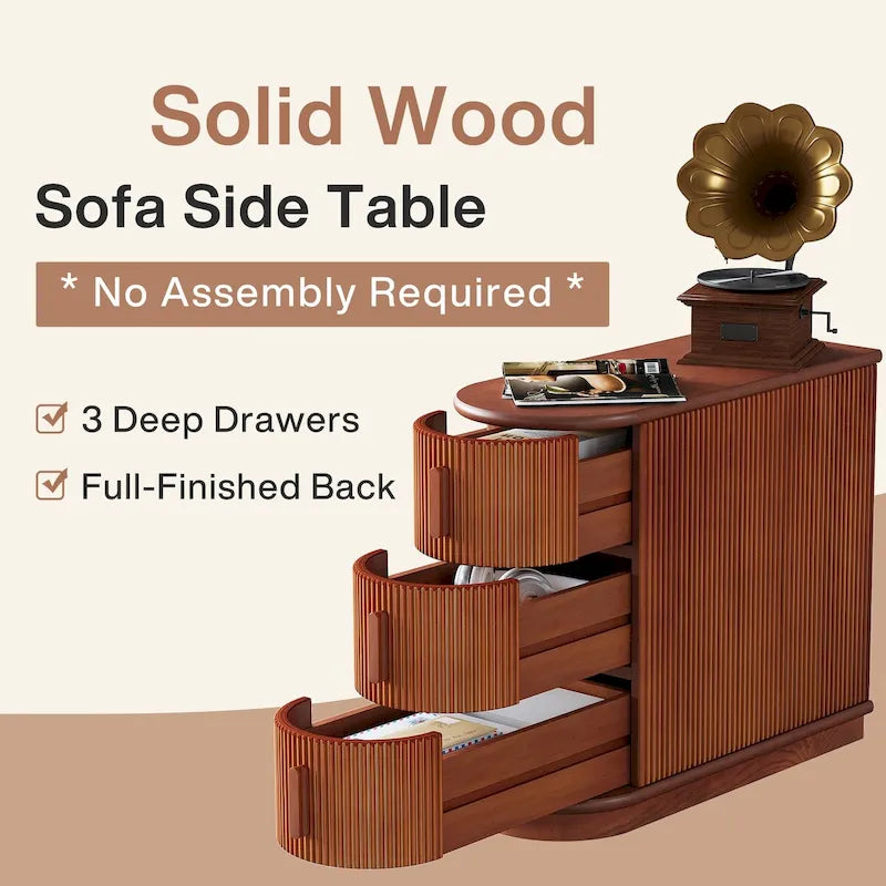 Table d'appoint semi-ovale en bois massif à 3 tiroirs – Noyer / Blanc, détails de style romain, pour 1 personne