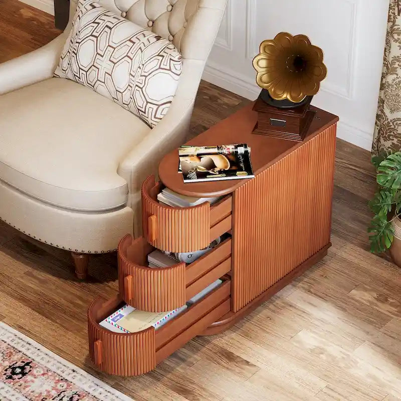 Table d'appoint semi-ovale en bois massif à 3 tiroirs – Noyer / Blanc, détails de style romain, pour 1 personne