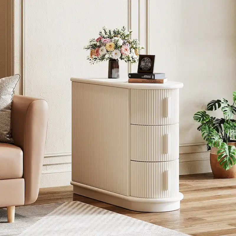 Table d'appoint semi-ovale en bois massif à 3 tiroirs – Noyer / Blanc, détails de style romain, pour 1 personne