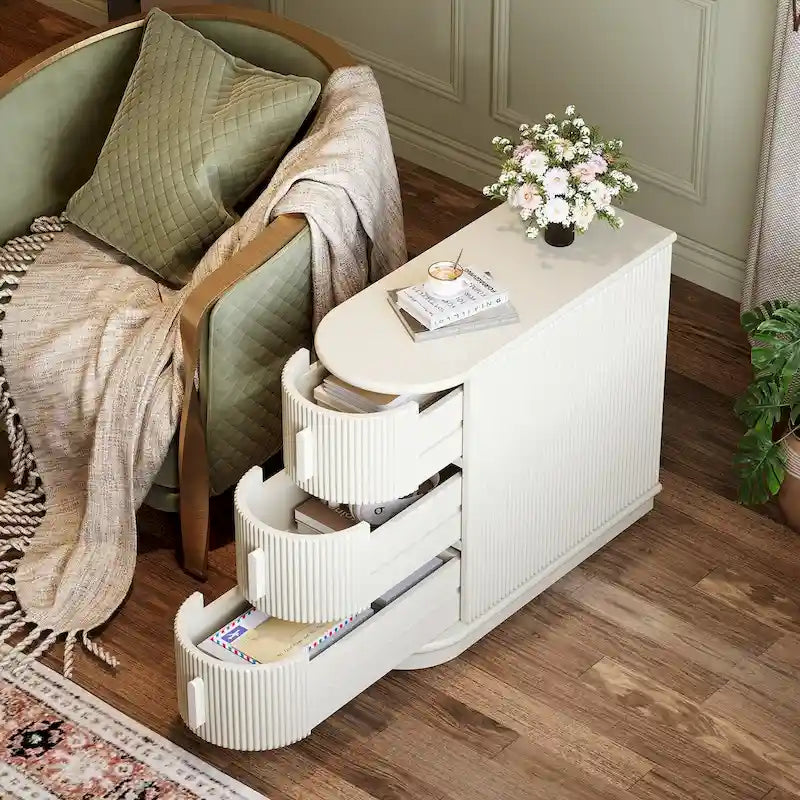 Table d'appoint semi-ovale en bois massif à 3 tiroirs – Noyer / Blanc, détails de style romain, pour 1 personne