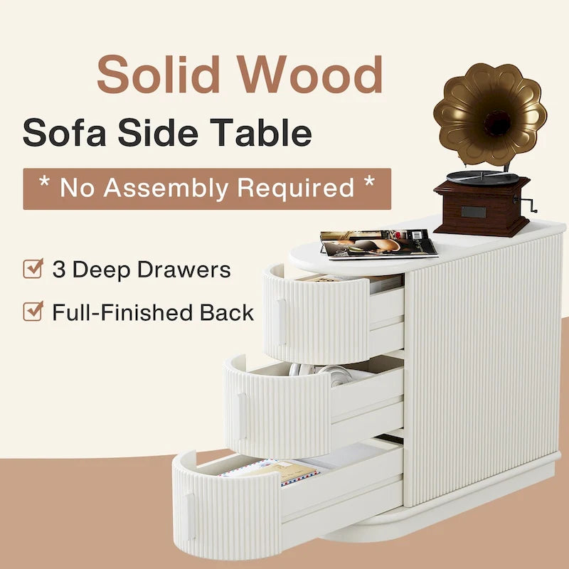 Table d'appoint semi-ovale en bois massif à 3 tiroirs – Noyer / Blanc, détails de style romain, pour 1 personne