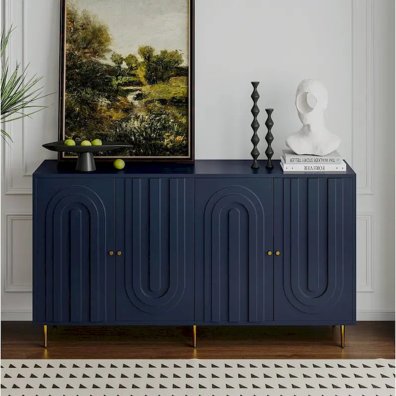 Buffet bahut laqué 4 portes avec étagères réglables – Bleu/Gris, minimaliste, pieds dorés