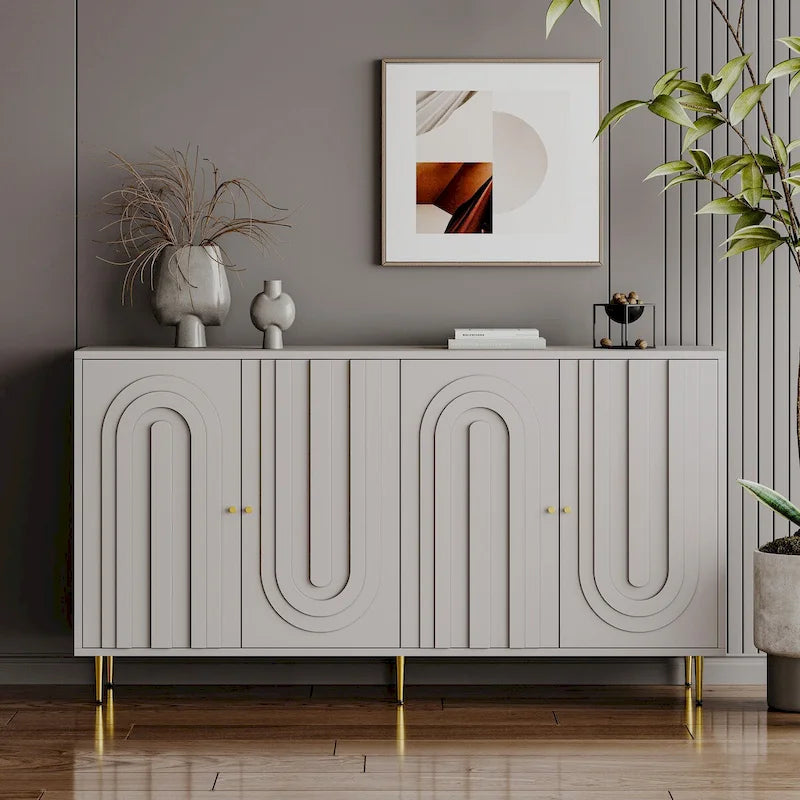 Buffet bahut laqué 4 portes avec étagères réglables – Bleu/Gris, minimaliste, pieds dorés