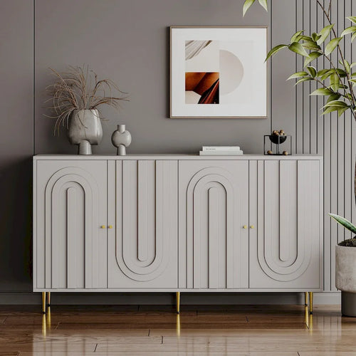 Buffet bahut laqué 4 portes avec étagères réglables – Bleu/Gris, minimaliste, pieds dorés