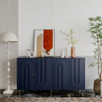 Buffet bahut laqué 4 portes avec étagères réglables – Bleu/Gris, minimaliste, pieds dorés