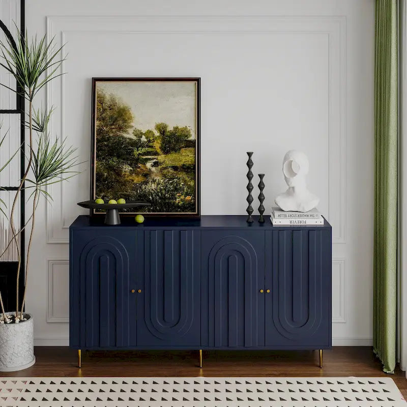 Buffet bahut laqué 4 portes avec étagères réglables – Bleu/Gris, minimaliste, pieds dorés