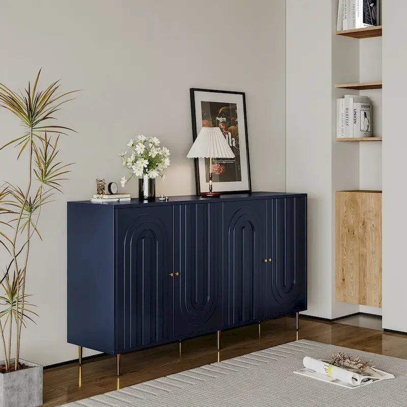 Buffet bahut laqué 4 portes avec étagères réglables – Bleu/Gris, minimaliste, pieds dorés