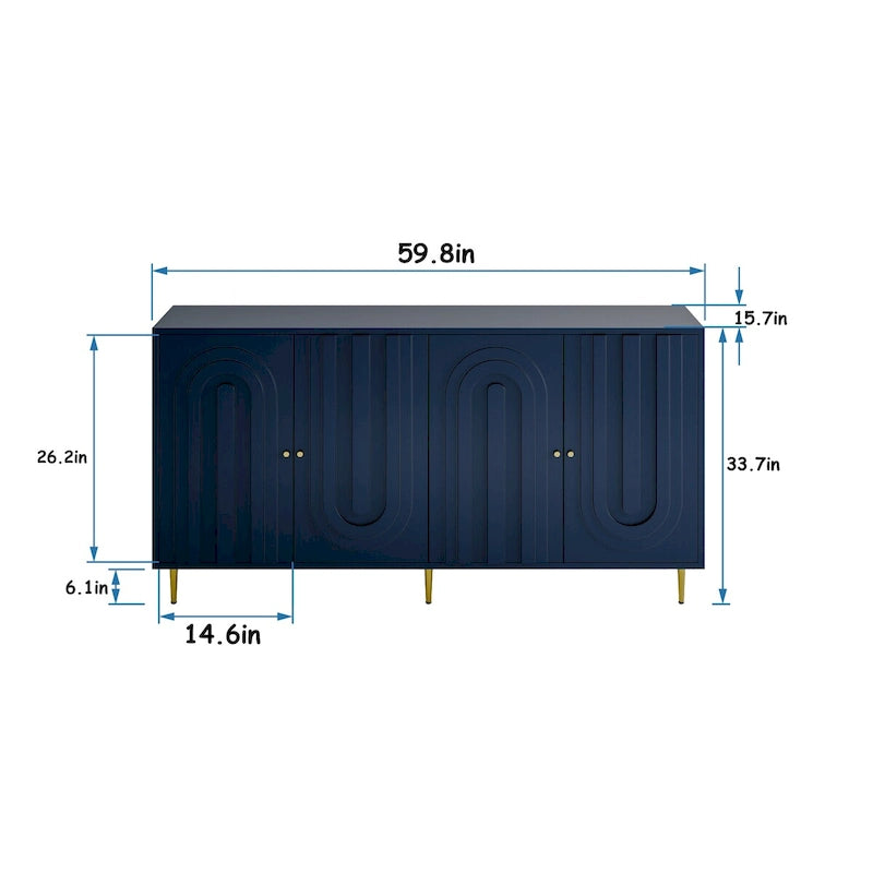 Buffet bahut laqué 4 portes avec étagères réglables – Bleu/Gris, minimaliste, pieds dorés