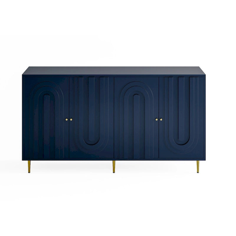 Buffet bahut laqué 4 portes avec étagères réglables – Bleu/Gris, minimaliste, pieds dorés