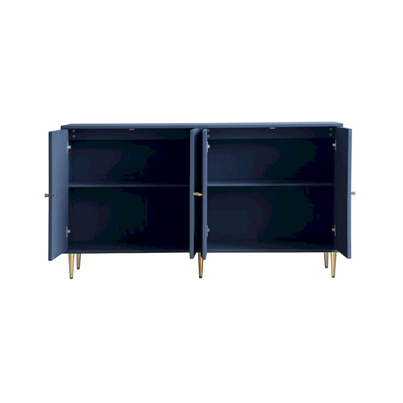 Buffet bahut laqué 4 portes avec étagères réglables – Bleu/Gris, minimaliste, pieds dorés
