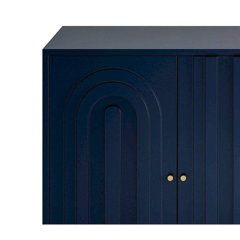 Buffet bahut laqué 4 portes avec étagères réglables – Bleu/Gris, minimaliste, pieds dorés