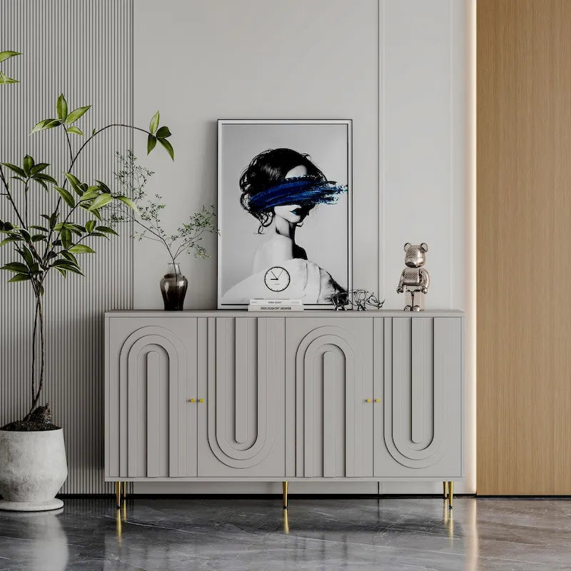 Buffet bahut laqué 4 portes avec étagères réglables – Bleu/Gris, minimaliste, pieds dorés