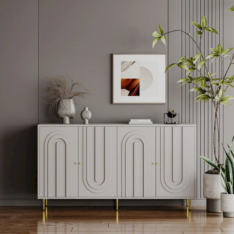 Buffet bahut laqué 4 portes avec étagères réglables – Bleu/Gris, minimaliste, pieds dorés