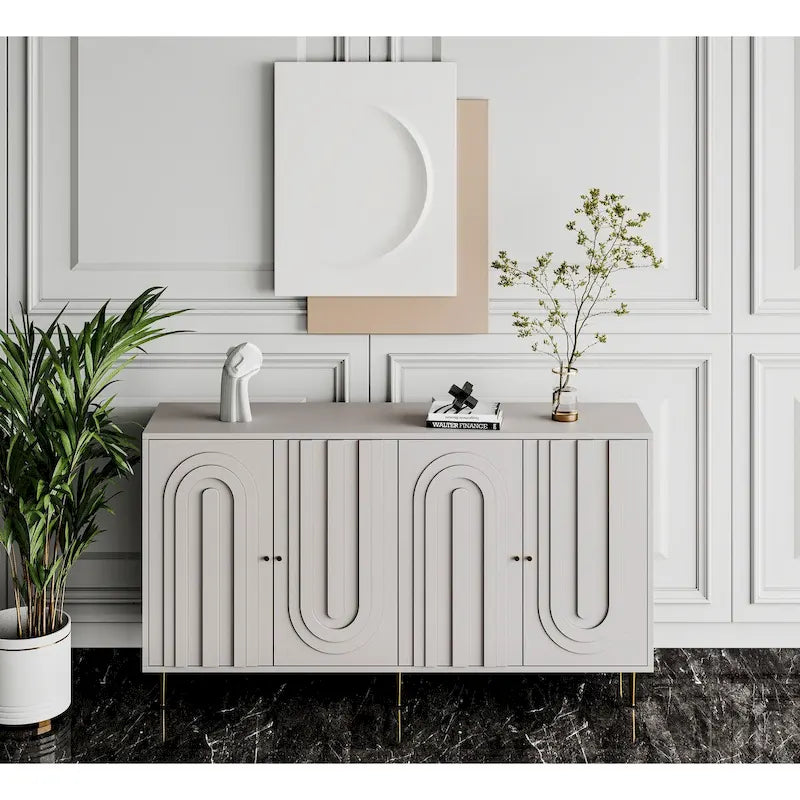 Buffet bahut laqué 4 portes avec étagères réglables – Bleu/Gris, minimaliste, pieds dorés