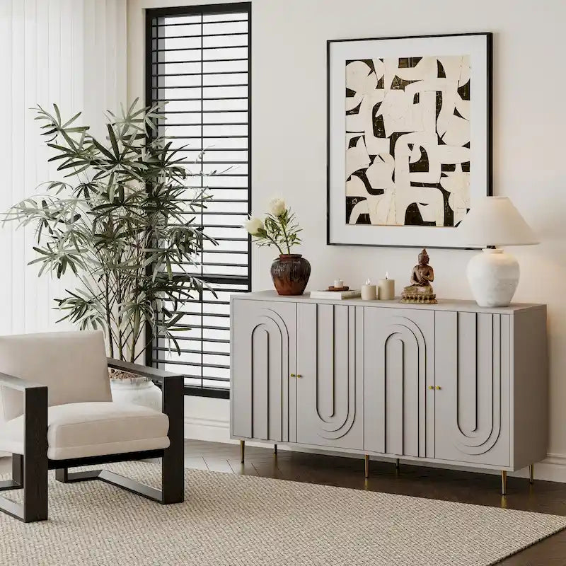 Buffet bahut laqué 4 portes avec étagères réglables – Bleu/Gris, minimaliste, pieds dorés