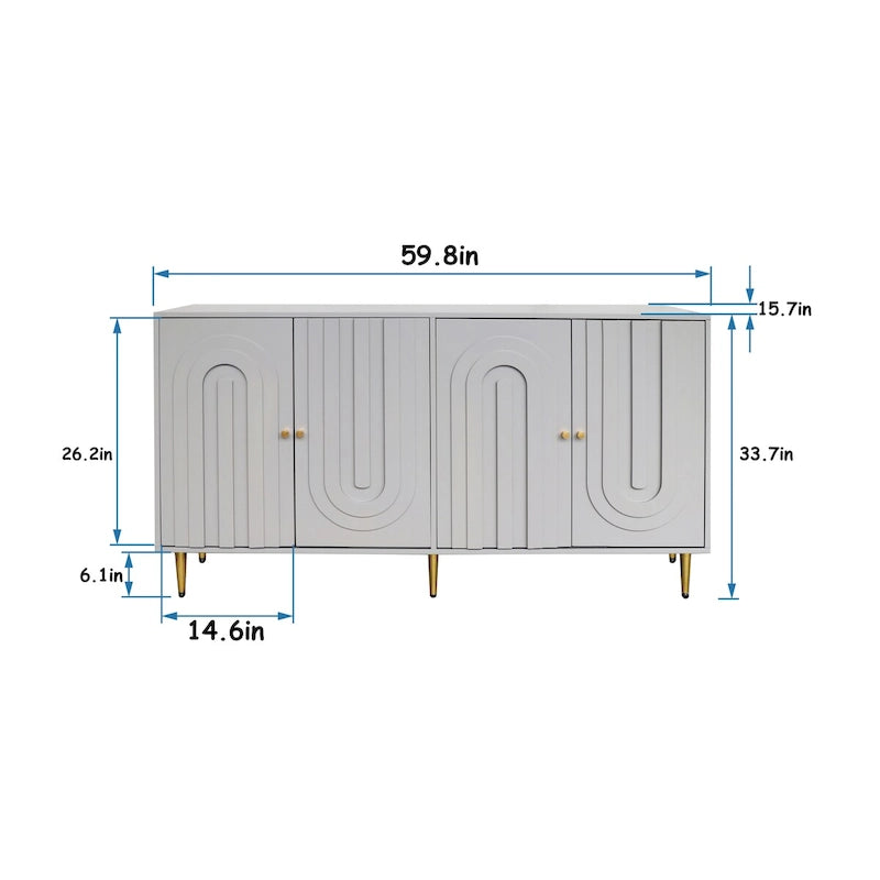 Buffet bahut laqué 4 portes avec étagères réglables – Bleu/Gris, minimaliste, pieds dorés