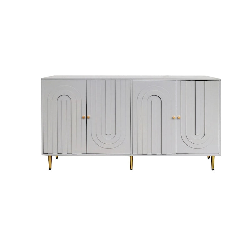 Buffet bahut laqué 4 portes avec étagères réglables – Bleu/Gris, minimaliste, pieds dorés