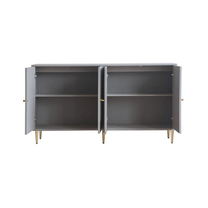 Buffet bahut laqué 4 portes avec étagères réglables – Bleu/Gris, minimaliste, pieds dorés