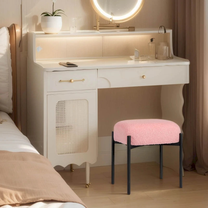 Tabouret de coiffeuse rond en velours – Blanc / Noir / Rose, sans dossier, 1 place