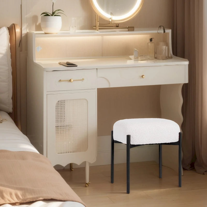 Tabouret de coiffeuse rond en velours – Blanc / Noir / Rose, sans dossier, 1 place