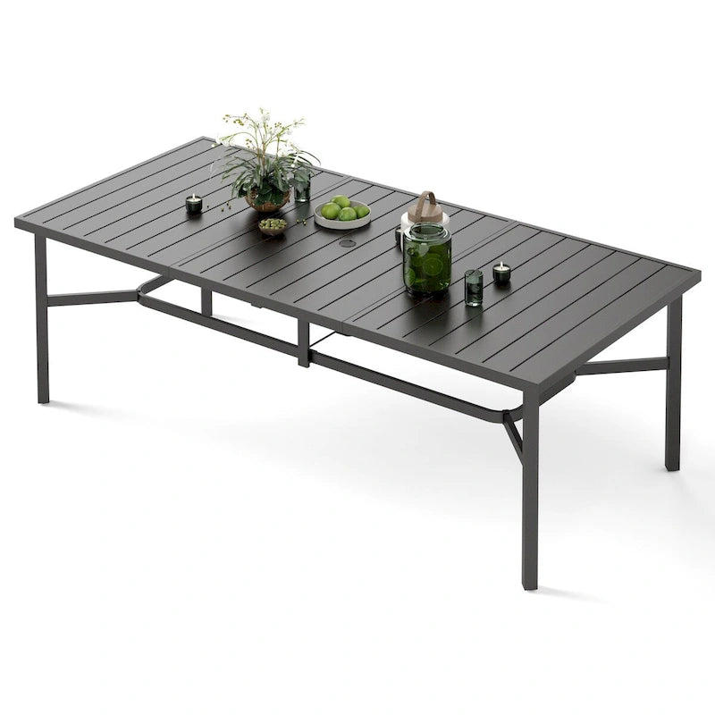 Table de salle à manger rectangulaire d'extérieur en métal – Noire, trou pour parasol, 8 places