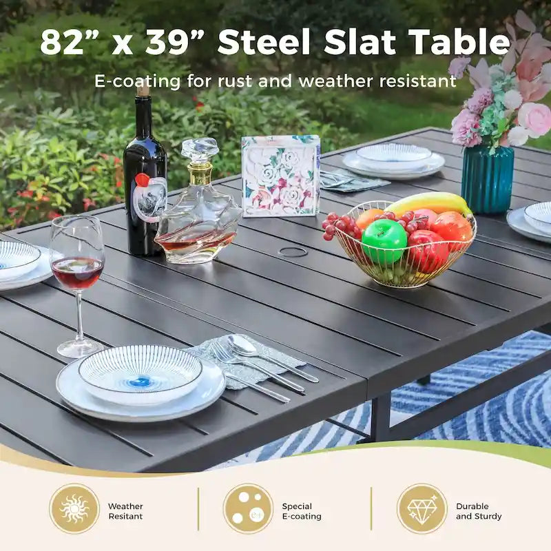 Table de salle à manger rectangulaire d'extérieur en métal – Noire, trou pour parasol, 8 places