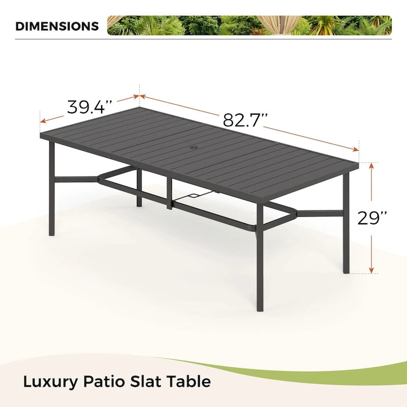 Table de salle à manger rectangulaire d'extérieur en métal – Noire, trou pour parasol, 8 places
