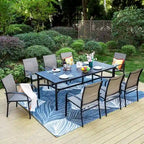 Table de salle à manger rectangulaire d'extérieur en métal – Noire, trou pour parasol, 8 places