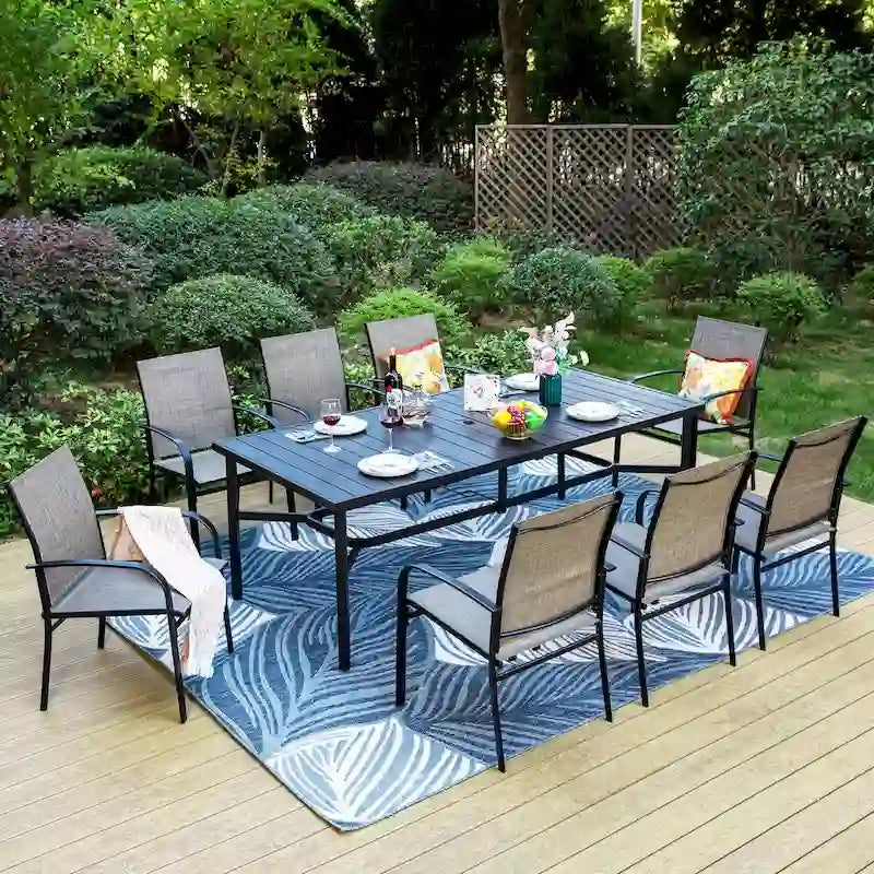Table de salle à manger rectangulaire d'extérieur en métal – Noire, trou pour parasol, 8 places