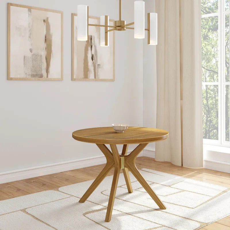 Table à manger ronde en pin massif avec piètement croisé – Blanc côtier brossé / Noyer, 38 po, 4 places