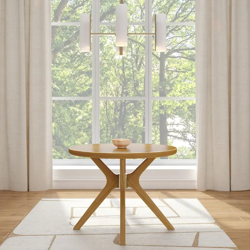 Table à manger ronde en pin massif avec piètement croisé – Blanc côtier brossé / Noyer, 38 po, 4 places