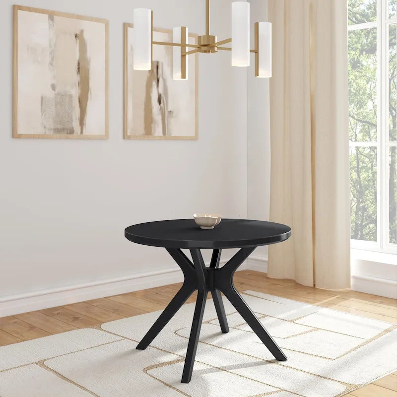 Table à manger ronde en pin massif avec piètement croisé – Blanc côtier brossé / Noyer, 38 po, 4 places