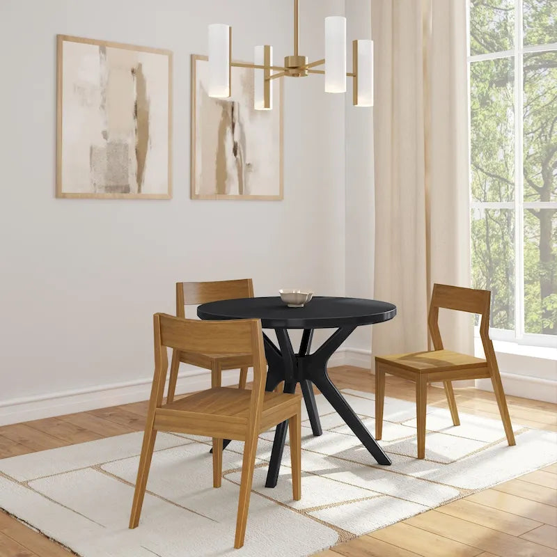 Table à manger ronde en pin massif avec piètement croisé – Blanc côtier brossé / Noyer, 38 po, 4 places