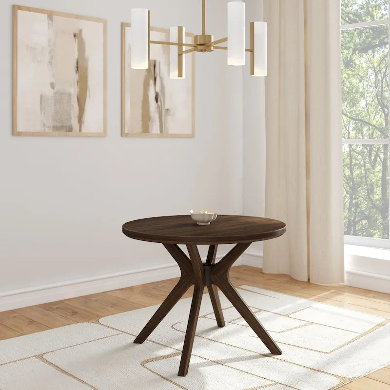 Table à manger ronde en pin massif avec piètement croisé – Blanc côtier brossé / Noyer, 38 po, 4 places