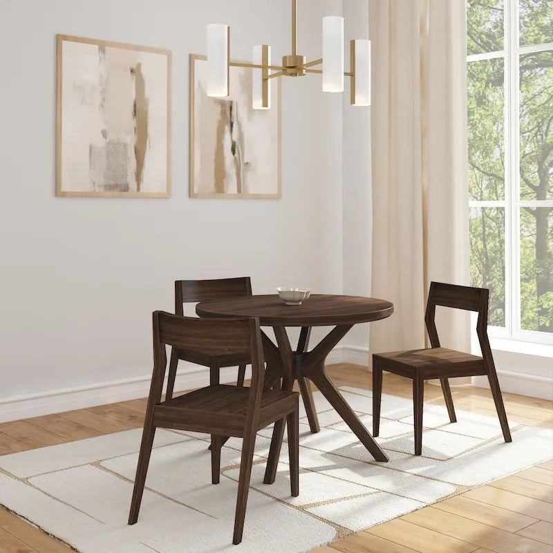 Table à manger ronde en pin massif avec piètement croisé – Blanc côtier brossé / Noyer, 38 po, 4 places