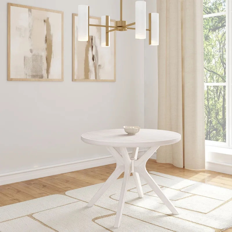 Table à manger ronde en pin massif avec piètement croisé – Blanc côtier brossé / Noyer, 38 po, 4 places