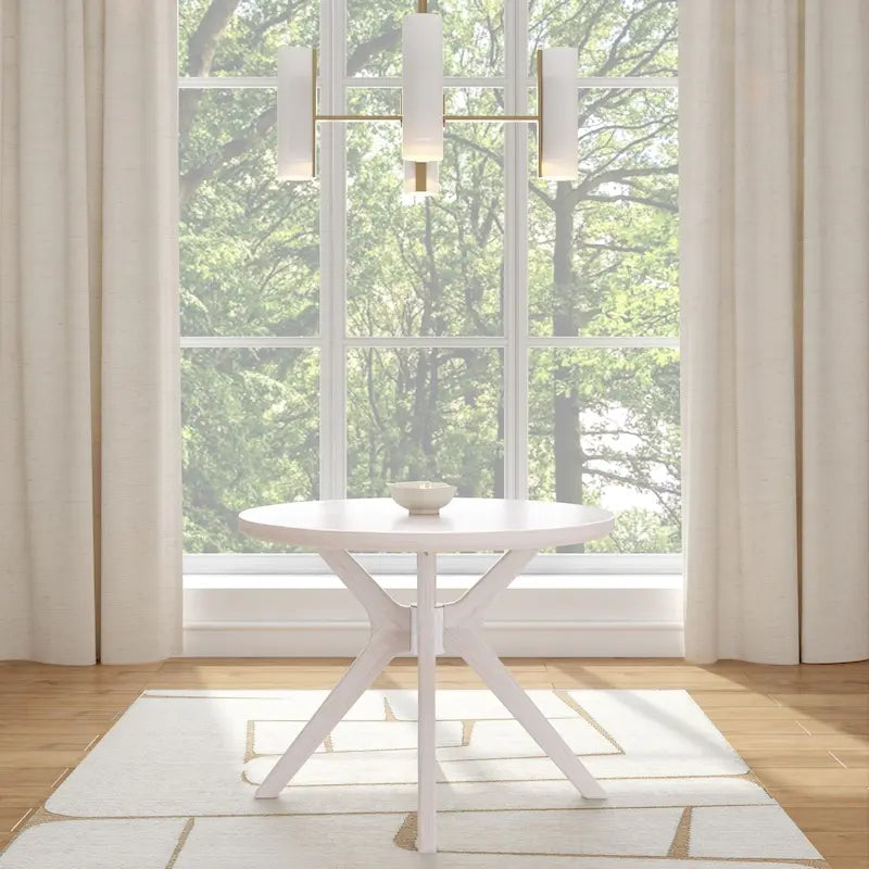 Table à manger ronde en pin massif avec piètement croisé – Blanc côtier brossé / Noyer, 38 po, 4 places