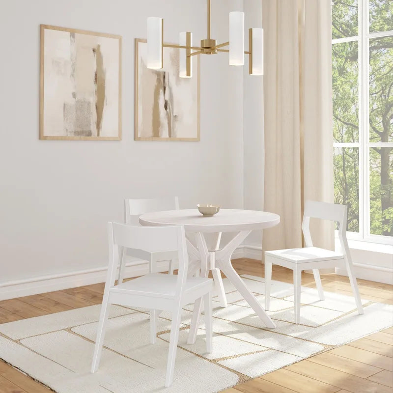 Table à manger ronde en pin massif avec piètement croisé – Blanc côtier brossé / Noyer, 38 po, 4 places