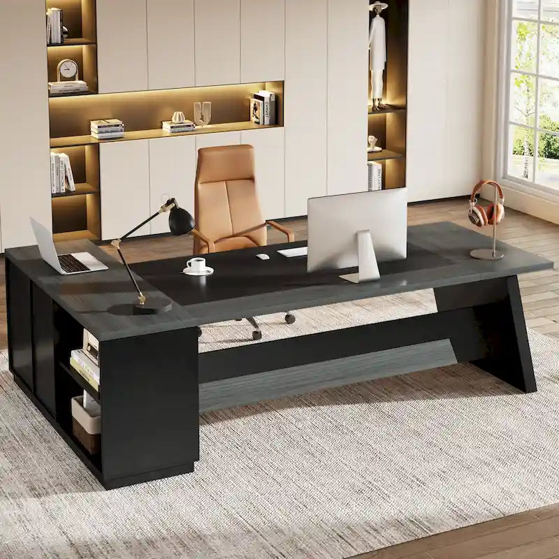 Bureau de direction en L avec tiroir de classement et étagères ouvertes – Noyer+Noir / Gris+Noir, 2 niveaux de rangement, 1 personne