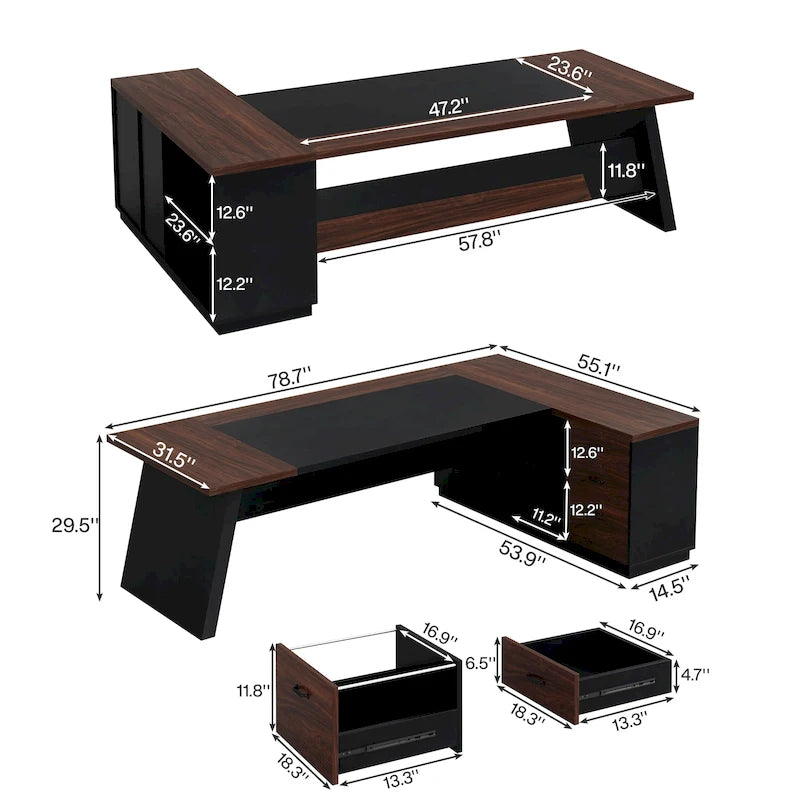 Bureau de direction en L avec tiroir de classement et étagères ouvertes – Noyer+Noir / Gris+Noir, 2 niveaux de rangement, 1 personne