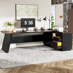 Bureau de direction en L avec tiroir de classement et étagères ouvertes – Noyer+Noir / Gris+Noir, 2 niveaux de rangement, 1 personne