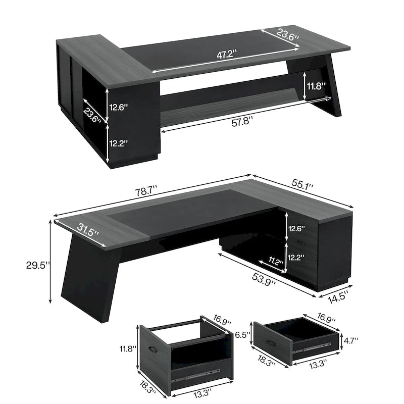 Bureau de direction en L avec tiroir de classement et étagères ouvertes – Noyer+Noir / Gris+Noir, 2 niveaux de rangement, 1 personne