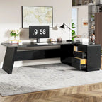 Bureau de direction en L avec tiroir de classement et étagères ouvertes – Noyer+Noir / Gris+Noir, 2 niveaux de rangement, 1 personne