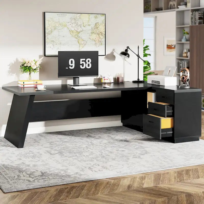 Bureau de direction en L avec tiroir de classement et étagères ouvertes – Noyer+Noir / Gris+Noir, 2 niveaux de rangement, 1 personne