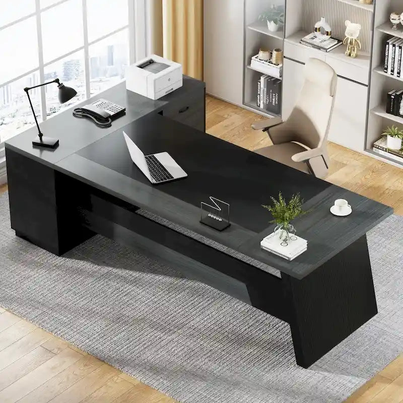 Bureau de direction en L avec tiroir de classement et étagères ouvertes – Noyer+Noir / Gris+Noir, 2 niveaux de rangement, 1 personne