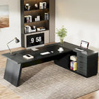 Bureau de direction en L avec tiroir de classement et étagères ouvertes – Noyer+Noir / Gris+Noir, 2 niveaux de rangement, 1 personne
