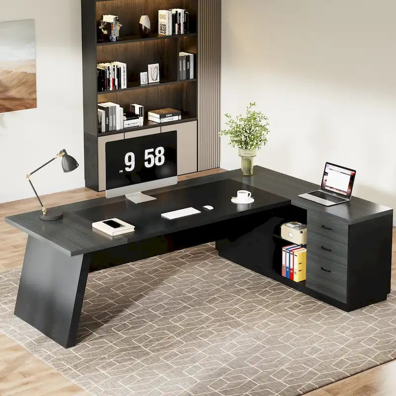 Bureau de direction en L avec tiroir de classement et étagères ouvertes – Noyer+Noir / Gris+Noir, 2 niveaux de rangement, 1 personne