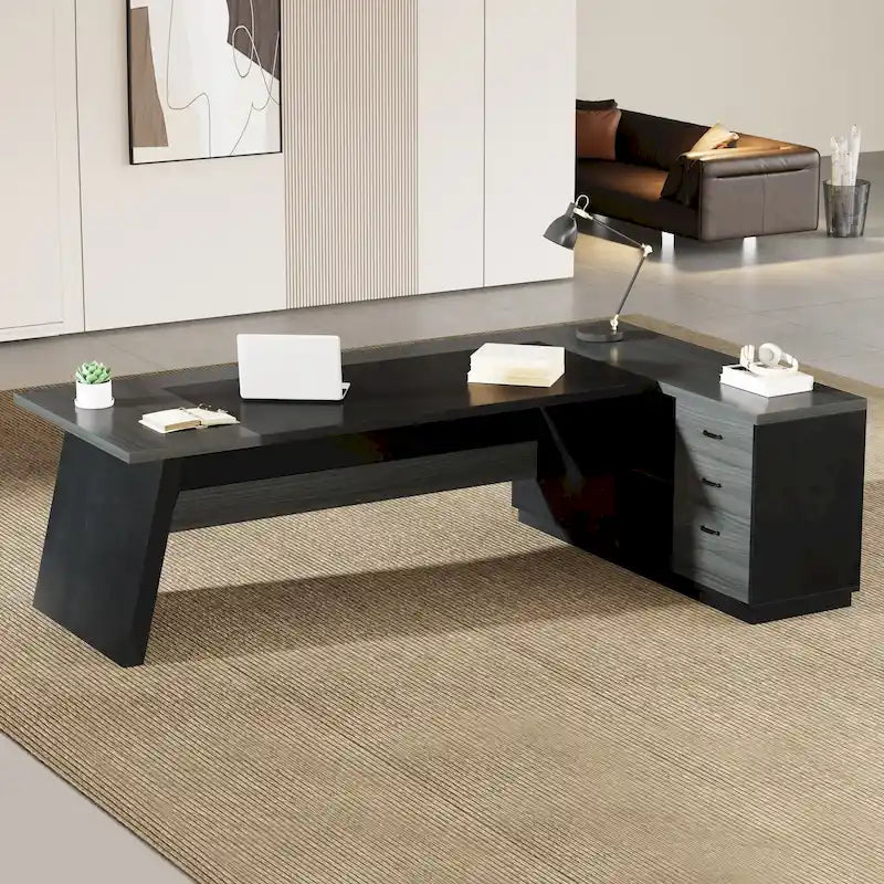 Bureau de direction en L avec tiroir de classement et étagères ouvertes – Noyer+Noir / Gris+Noir, 2 niveaux de rangement, 1 personne