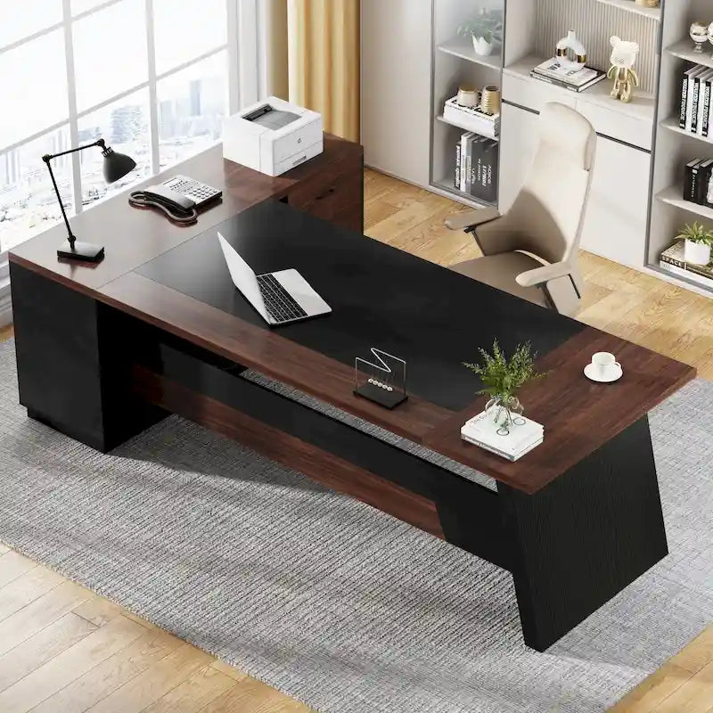 Bureau de direction en L avec tiroir de classement et étagères ouvertes – Noyer+Noir / Gris+Noir, 2 niveaux de rangement, 1 personne