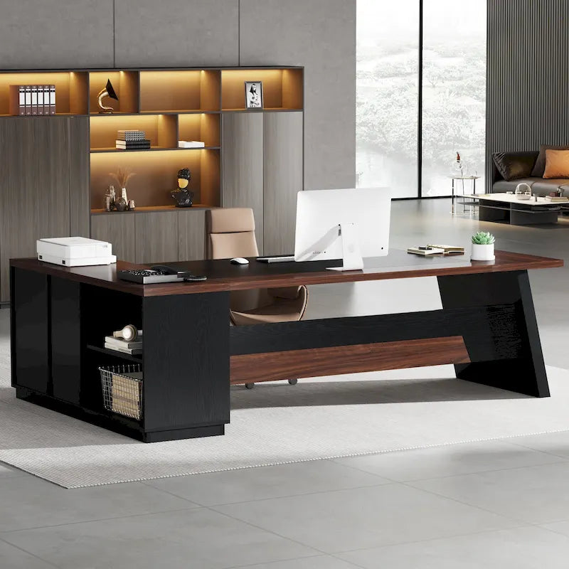 Bureau de direction en L avec tiroir de classement et étagères ouvertes – Noyer+Noir / Gris+Noir, 2 niveaux de rangement, 1 personne